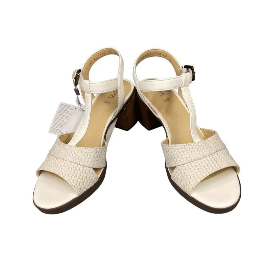 Geox Annya Mid Sandals Block Heel T Strap White SZ 40 EU 10 US NIB